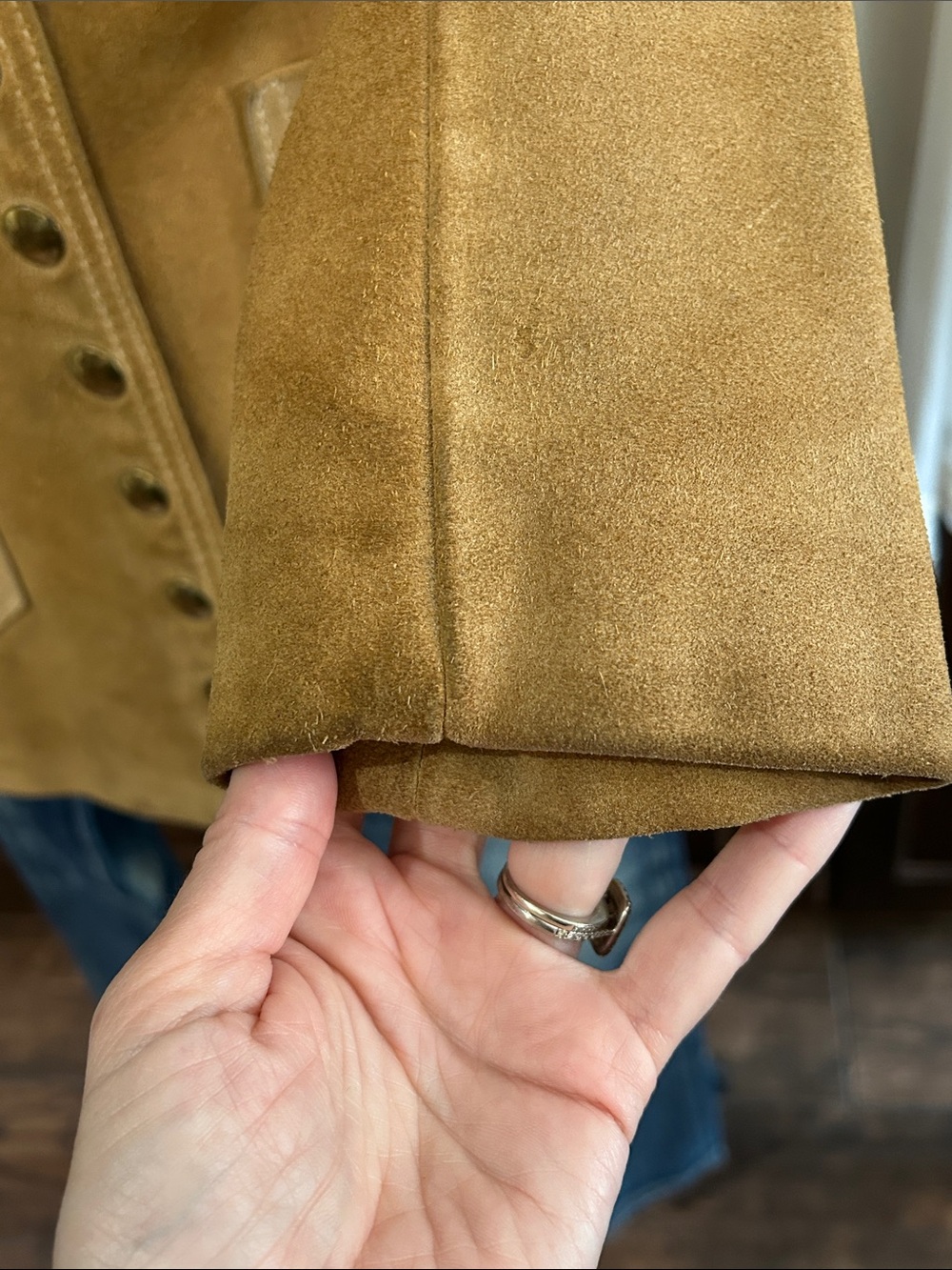 Suede Long Coat - Tan Women's Jacket - Picture 5 of 8